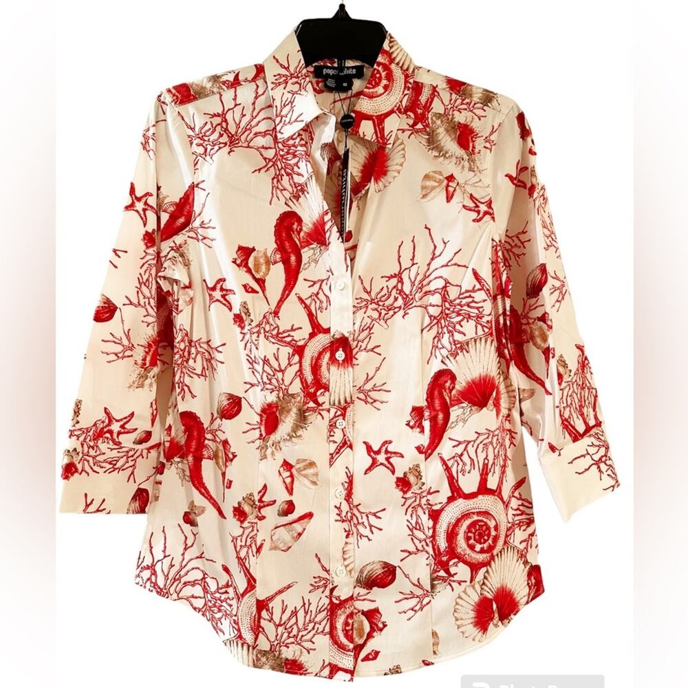 PAPERWHITE Blouse Button Up Magenta Pink Seashell pattern Cotton NWT
